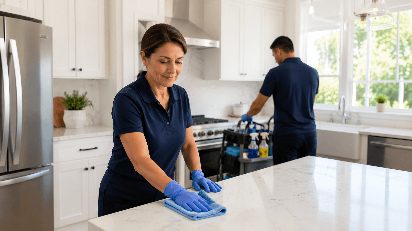 Professional cleaning team completing a residential job